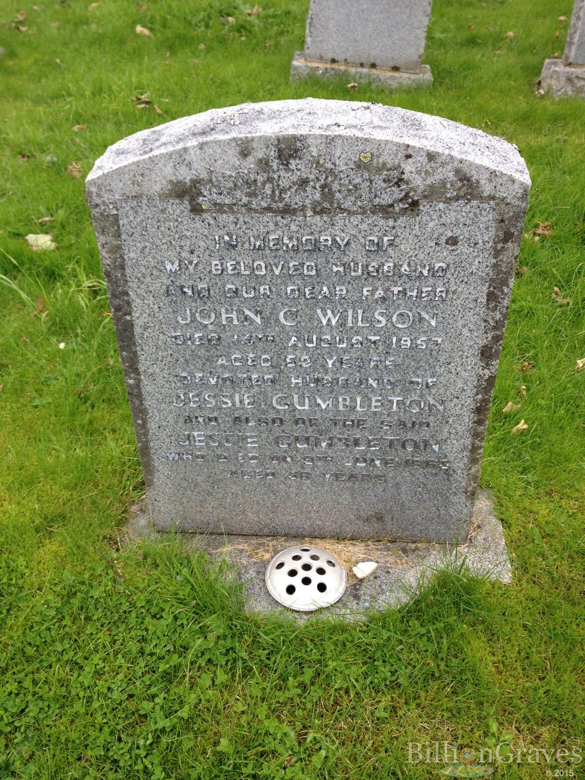 Gravestone of Jessie Wilson, nee Gumbleton